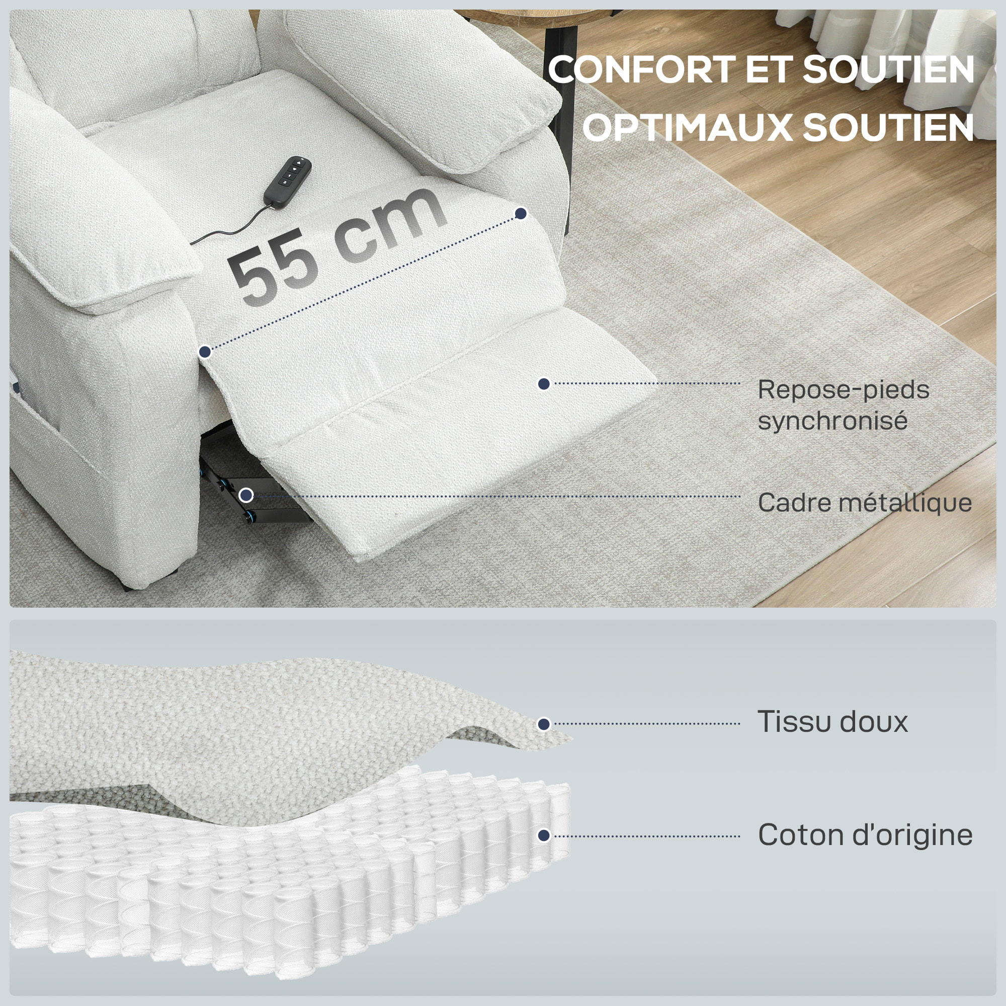 Fauteuil relax électrique inclinable repose-pieds port USB intégré velours blanc cassé