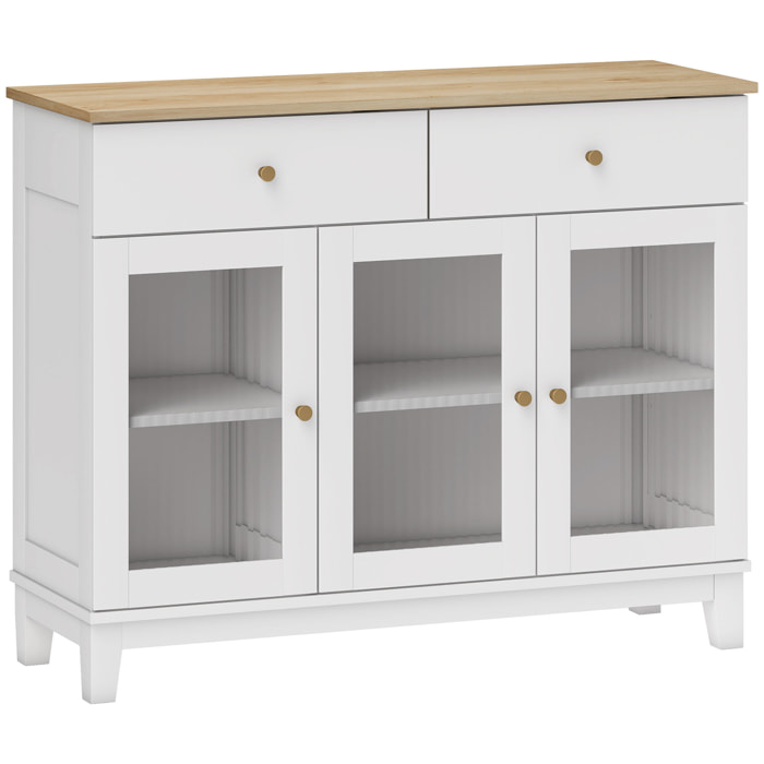 Buffet 3 portes vitrées nervurées 2 étagères 2 tiroirs poignées métal doré blanc effet bois clair