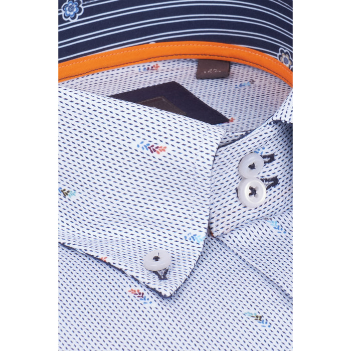 Camicia Uomo 2 Bottoni Button Down Slim Armaturato Fantasia Bianco e Blu