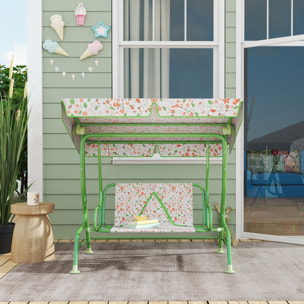 Columpio de Jardín Exterior para Niños de +3 Años Balancín de Jardín Exterior de 2 Plazas con Toldo Ajustable Arnés de Seguridad y Estampados Bonitos 112x75x120 cm Verde