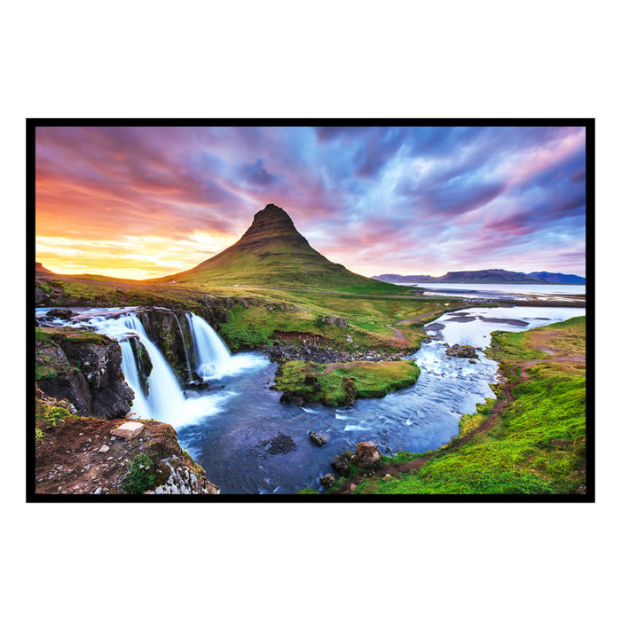 Affiche encadrée montagne islandaise et cascade Affiche + cadre en métal - Noir