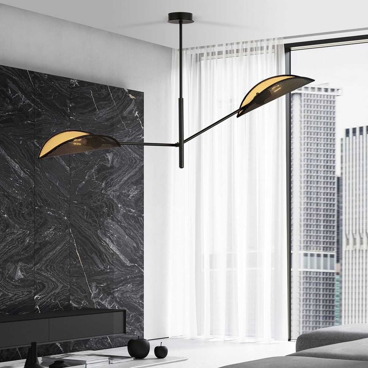 Lampada a sospensione Vene con paralumi a forma di foglia nero e oro