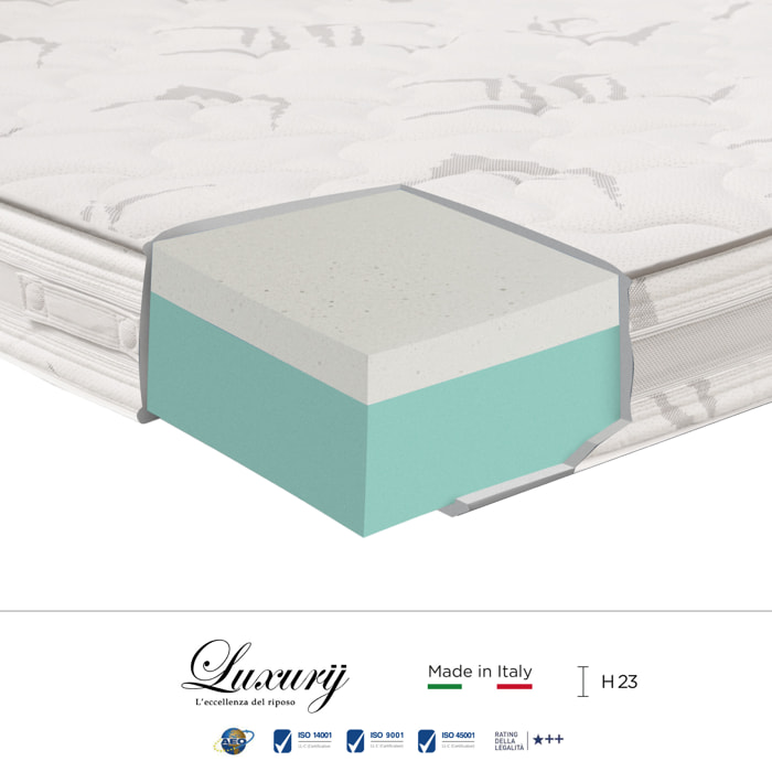 "Paestum" H23 cm 140x190 2 guanciali Memory OMAGGIO sfoderabile in schiuma poliuretanica ad alta densità e Memory Foam con cristalli di gel