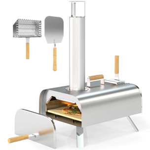 Mini Horno de Pizza Exterior Portátil de Acero Inoxidable Horno de Leña con Piedra Refractaria Pala Patas Plegables Mangos de Madera Termómetro y Bandeja para Jardín Terraza Camping Patio