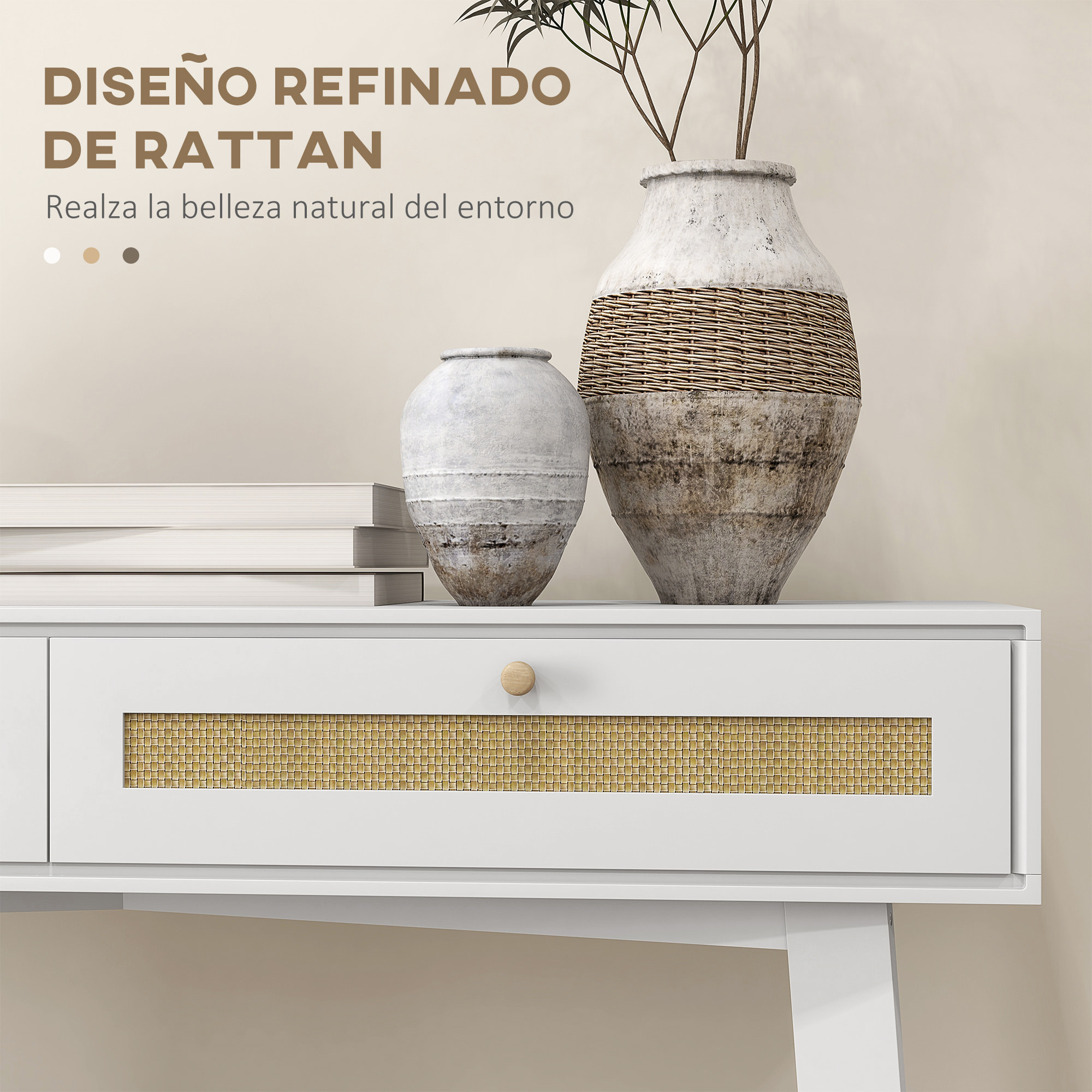 Mesa Consola Recibidor Mesa de Entrada con 2 Cajones de Diseño de Ratán y Estante Abierto para Salón Pasillo 100x30x81 cm Blanco