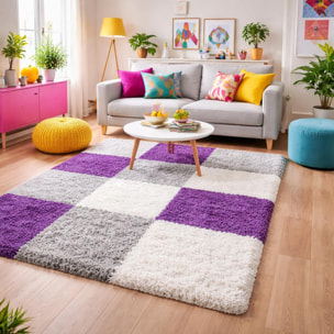 Tapis poils longs shaggy tissé motif damier JOJU