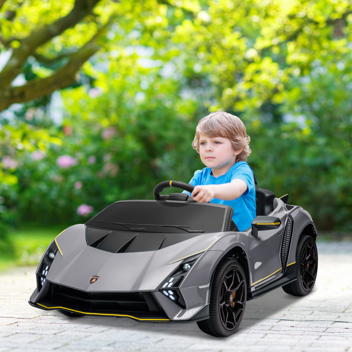 Coche Eléctrico para Niños de +3 Años Lamborghini Autentica Coche Eléctrico con Batería 12V Mando a Distancia Faros Bocina Arranque Suave y Música MP3 Gris