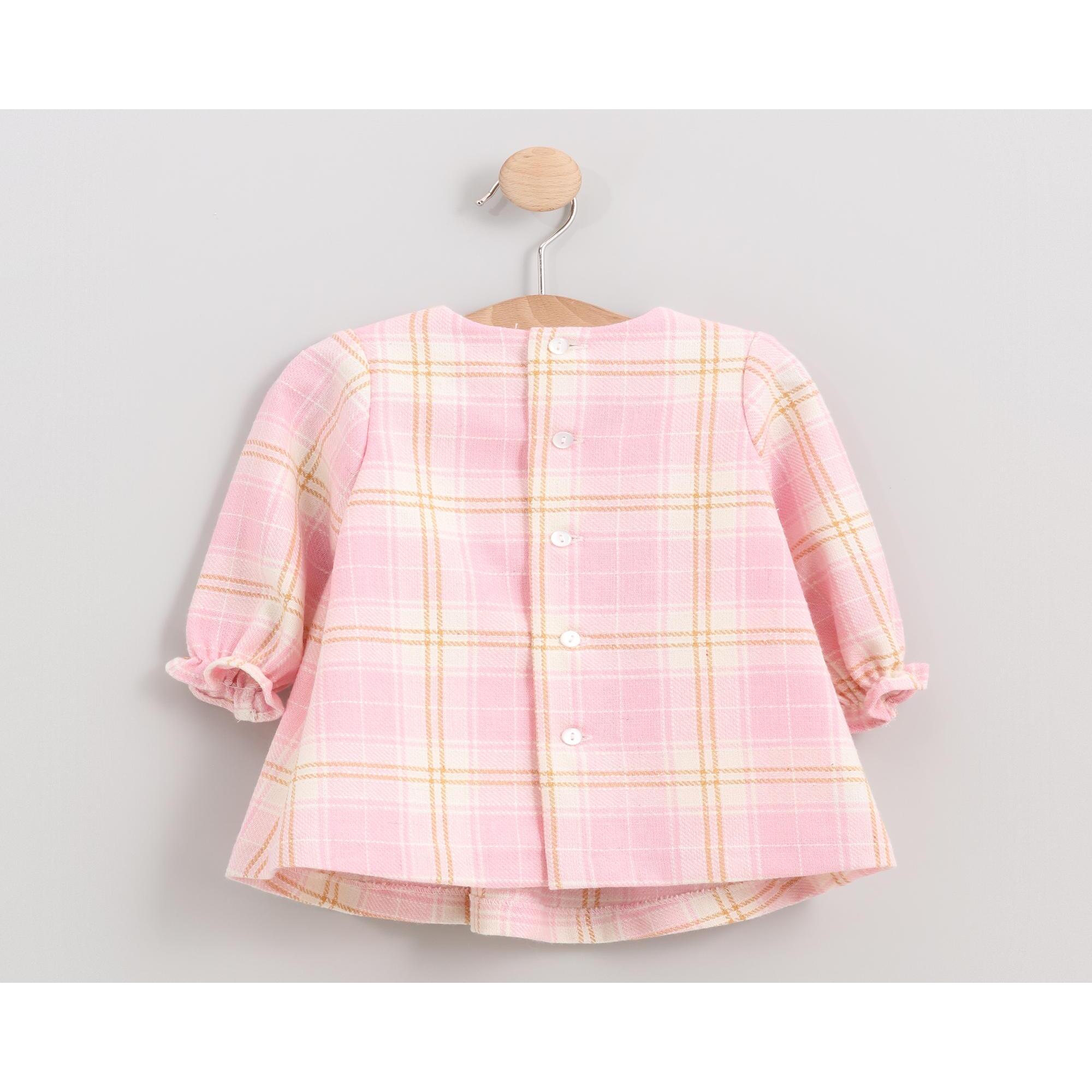 Vestido lazo cuadros beige y rosa