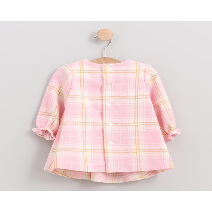 Vestido lazo cuadros beige y rosa