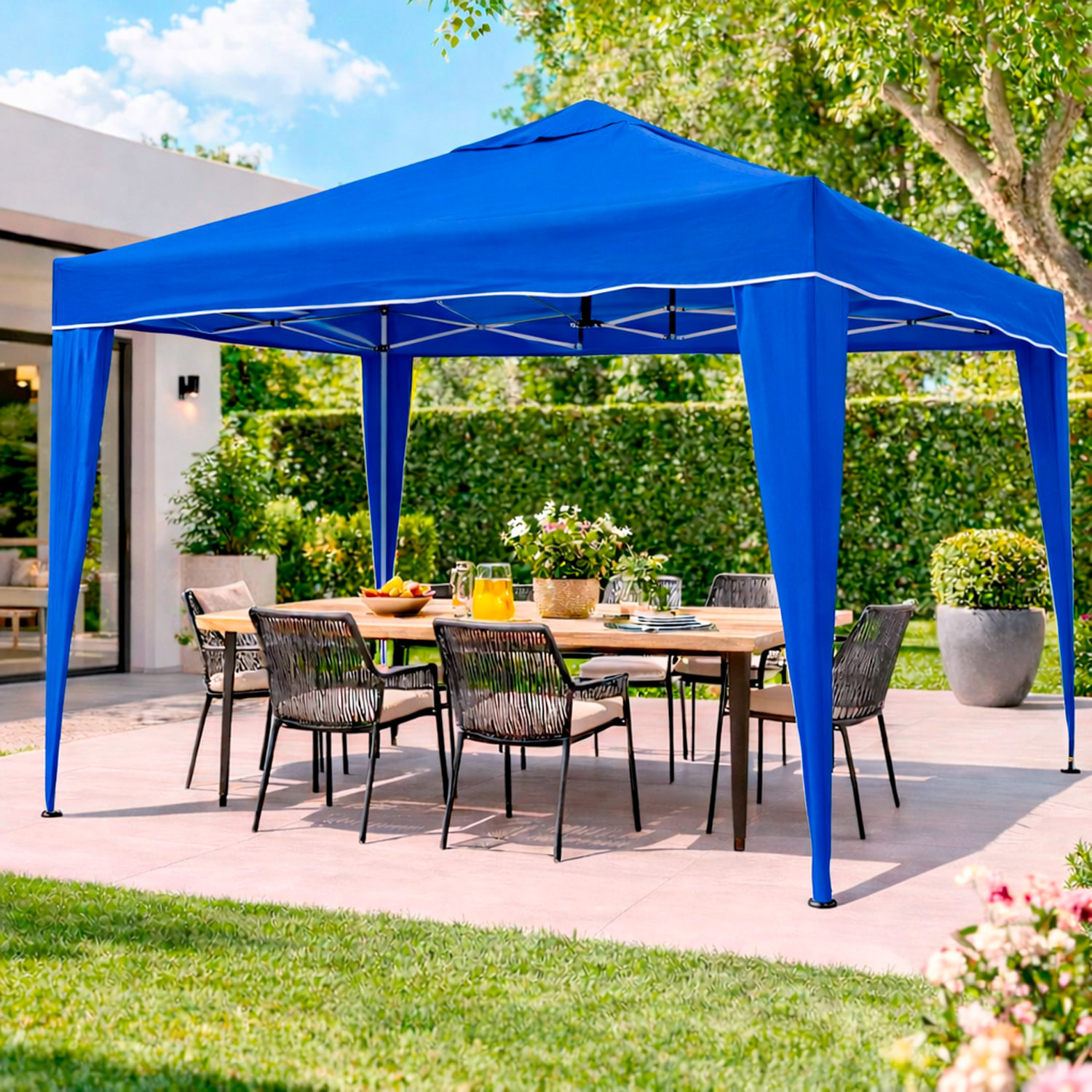 Gazebo Pieghevole 3x4 M in Acciaio con Telo Idrorepellente 160 g/m² Anti-UV Struttura Robusta Apertura Rapida a Fisarmonica con Borsa e 4 Sacche Blu