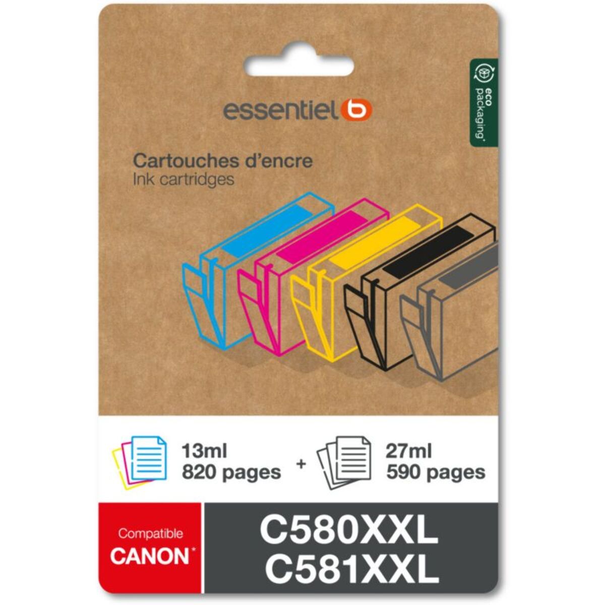 Cartouche d'encre ESSENTIELB Pack Compatible C580/581 XXL (Noir + 3 Couleurs Très Haute Capacité)