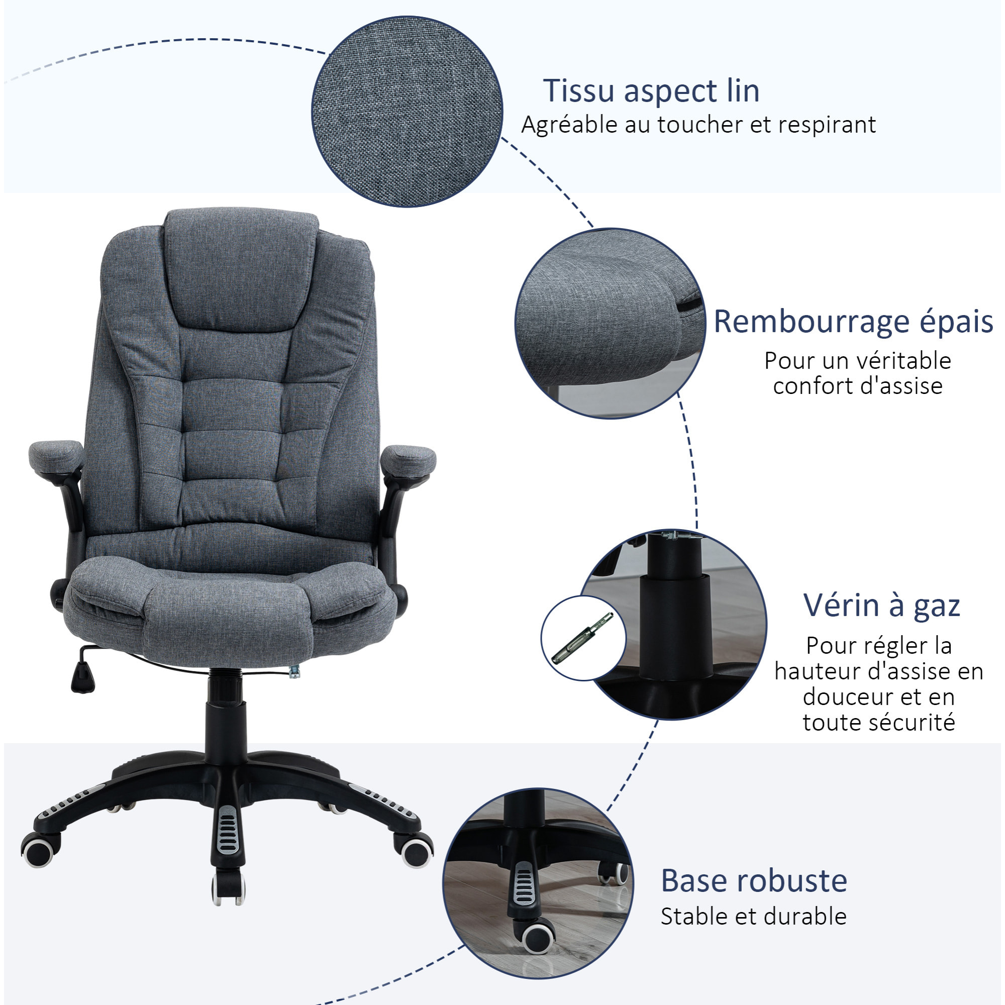 Vinsetto Fauteuil de bureau direction ergonomique hauteur réglable dossier inclinable toile de lin gris chiné