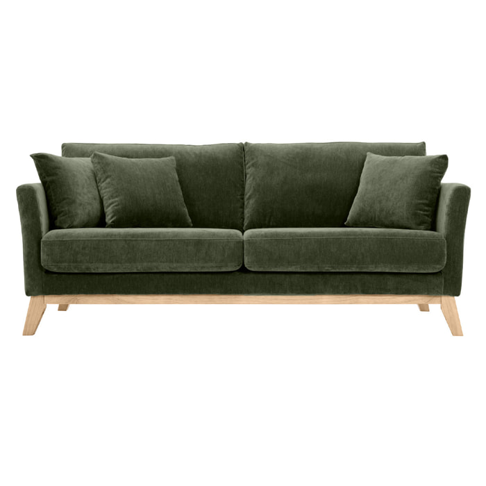 Canapé scandinave déhoussable 3 places en tissu effet velours vert kaki et bois clair OSLO