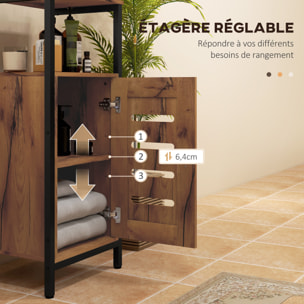 Meuble bas de salle de bain avec porte, armoire de toilette structure en acier, meuble colonne sur pied avec niche ouverte et étagère réglable, 37 x 30 x 85 cm, brun rustique