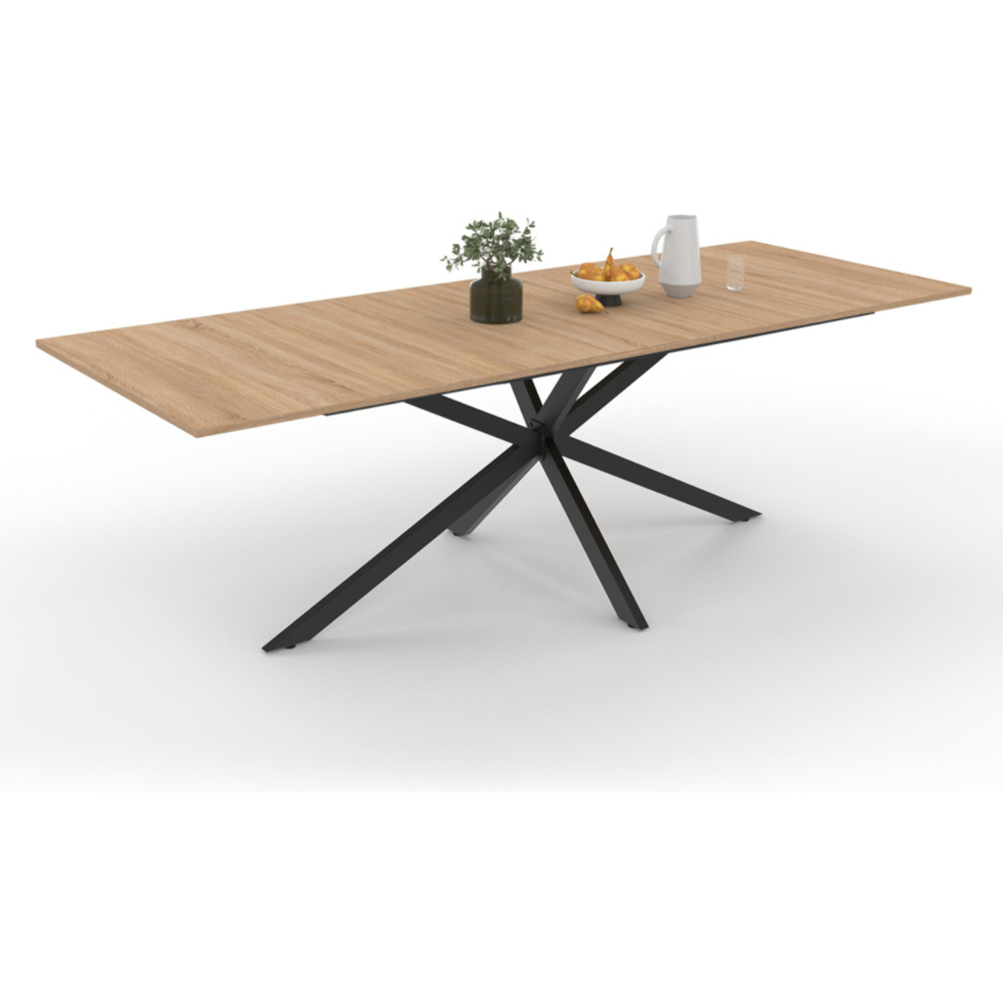 Table repas Spider plateau extensible 200-240cm bois avec rangement intégré et pieds croisés noirs