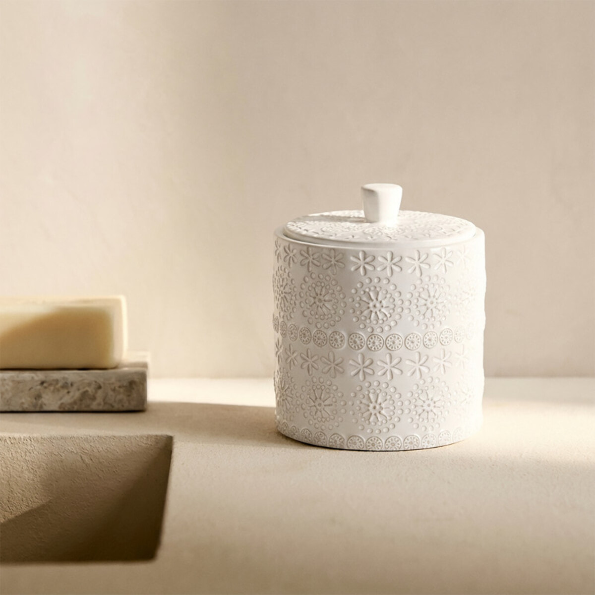 Boite à cotons Porcelaine RELIEF Blanc Spirella