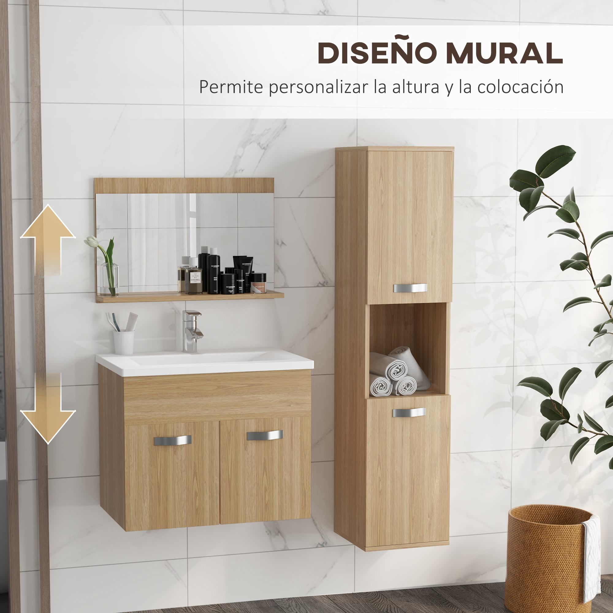 Conjunto de Muebles de Baño de Pared de 3 Piezas, Incluye Espejo, Mueble de Baño con Lavabo Cerámico, Armario Alto con Estantes Ajustables, Estilo Moderno, Natural