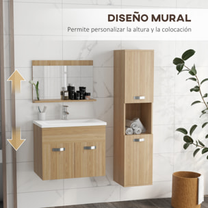 Conjunto de Muebles de Baño de Pared de 3 Piezas, Incluye Espejo, Mueble de Baño con Lavabo Cerámico, Armario Alto con Estantes Ajustables, Estilo Moderno, Natural