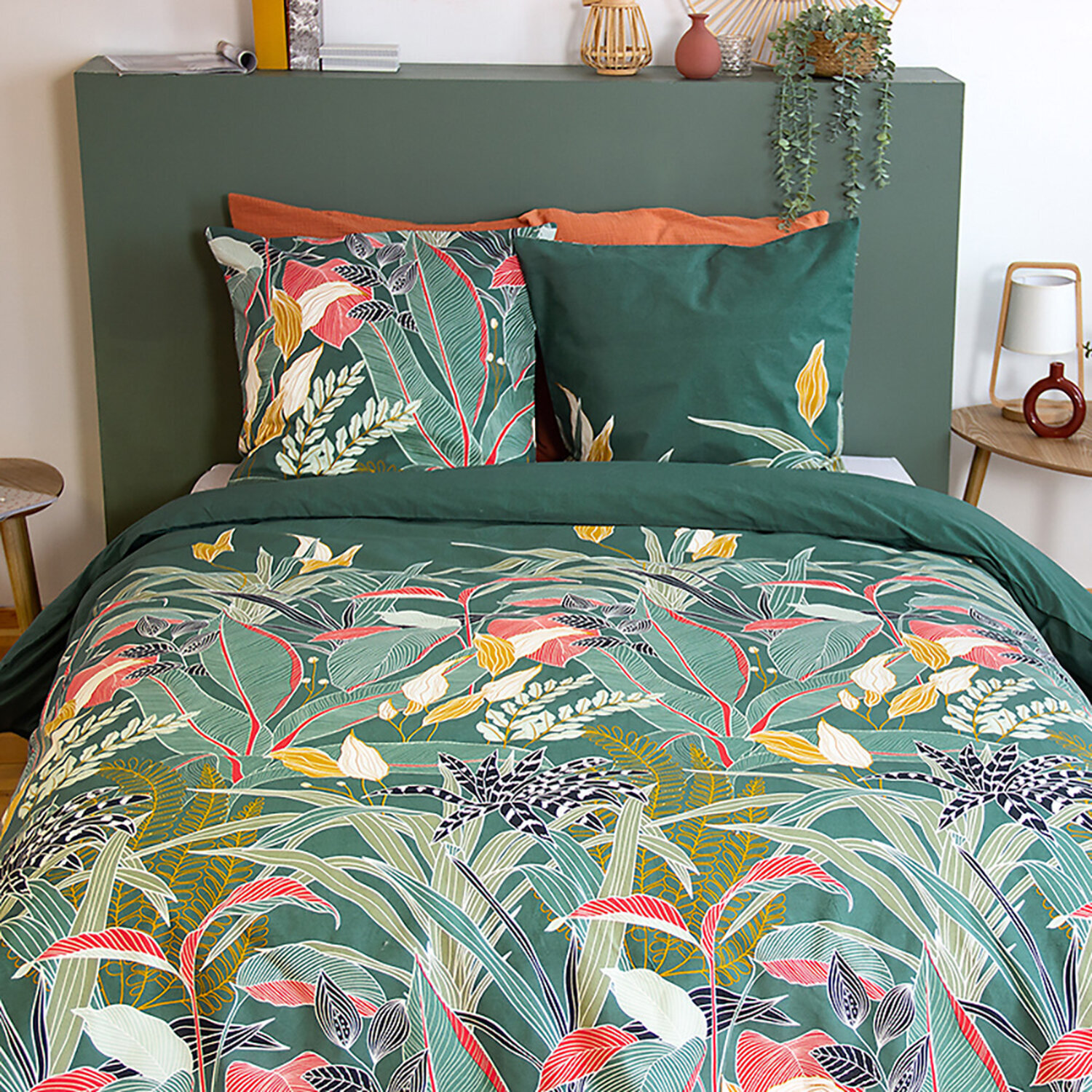 Parure housse de couette 100% motif tropical - vert
