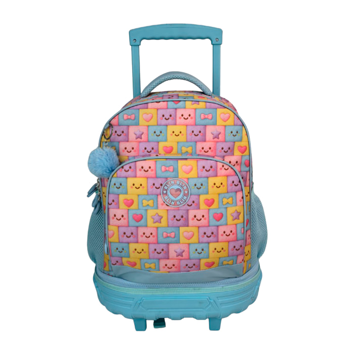 Trolley Fisso Compatto Doppio Corpo Grande Capacità Blin Blin Faces. Schienale e spallacci regolabili e imbottiti. Con accessorio pom pom.