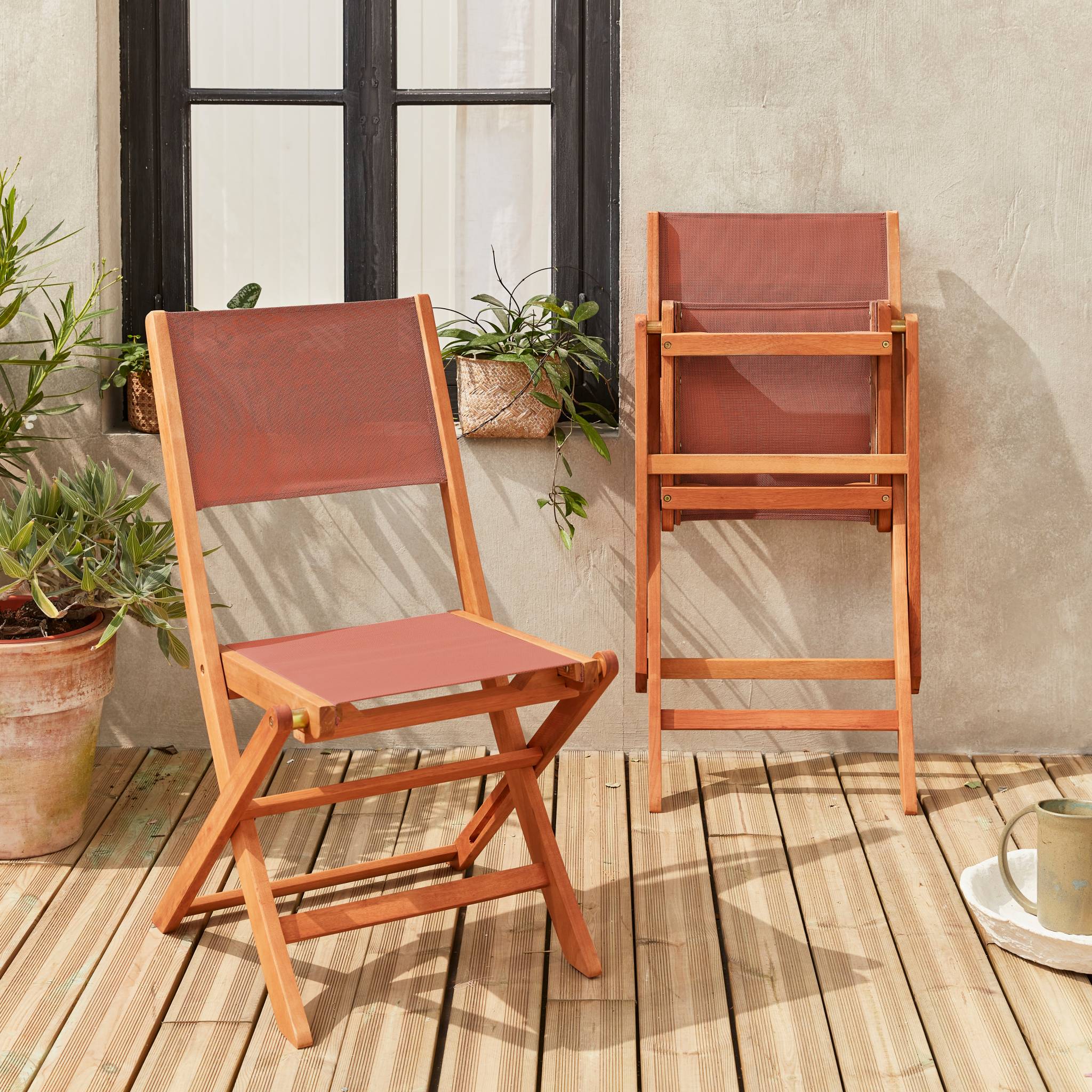 Chaises de jardin en bois et textilène - Almeria Terracotta - 2 chaises pliantes en bois d'Eucalyptus huilé et textilène