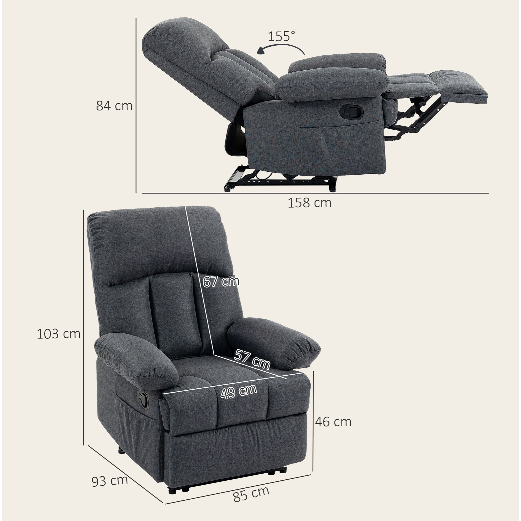 Sillón de Masaje, Sillón Relax Reclinable con 8 Puntos de Masaje, Función Calefacción Lumbar, Mando a Distancia, Asiento con Muelles, Bolsillos Laterales, Tejido Efecto Lino, Gris Oscuro