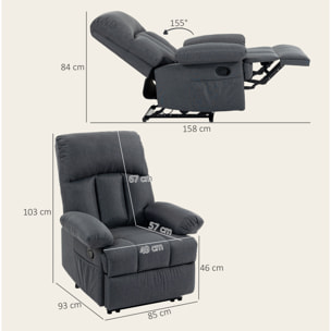 Sillón de Masaje, Sillón Relax Reclinable con 8 Puntos de Masaje, Función Calefacción Lumbar, Mando a Distancia, Asiento con Muelles, Bolsillos Laterales, Tejido Efecto Lino, Gris Oscuro