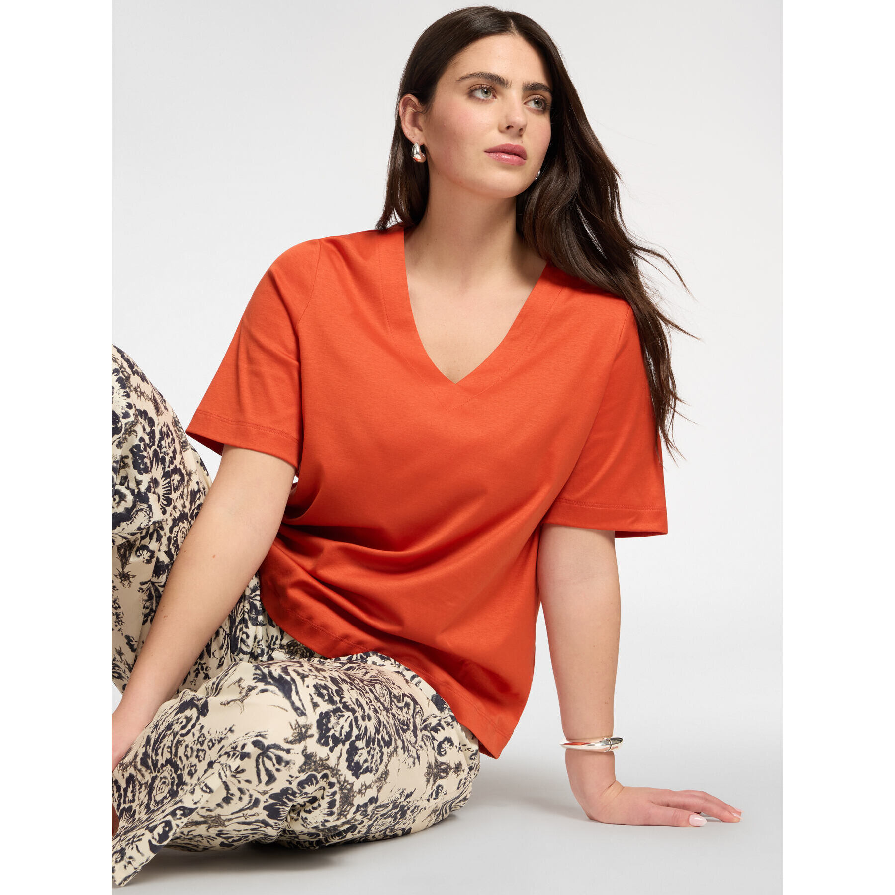 Elena Mirò - Camiseta de algodón con cuello en V - Naranja sol