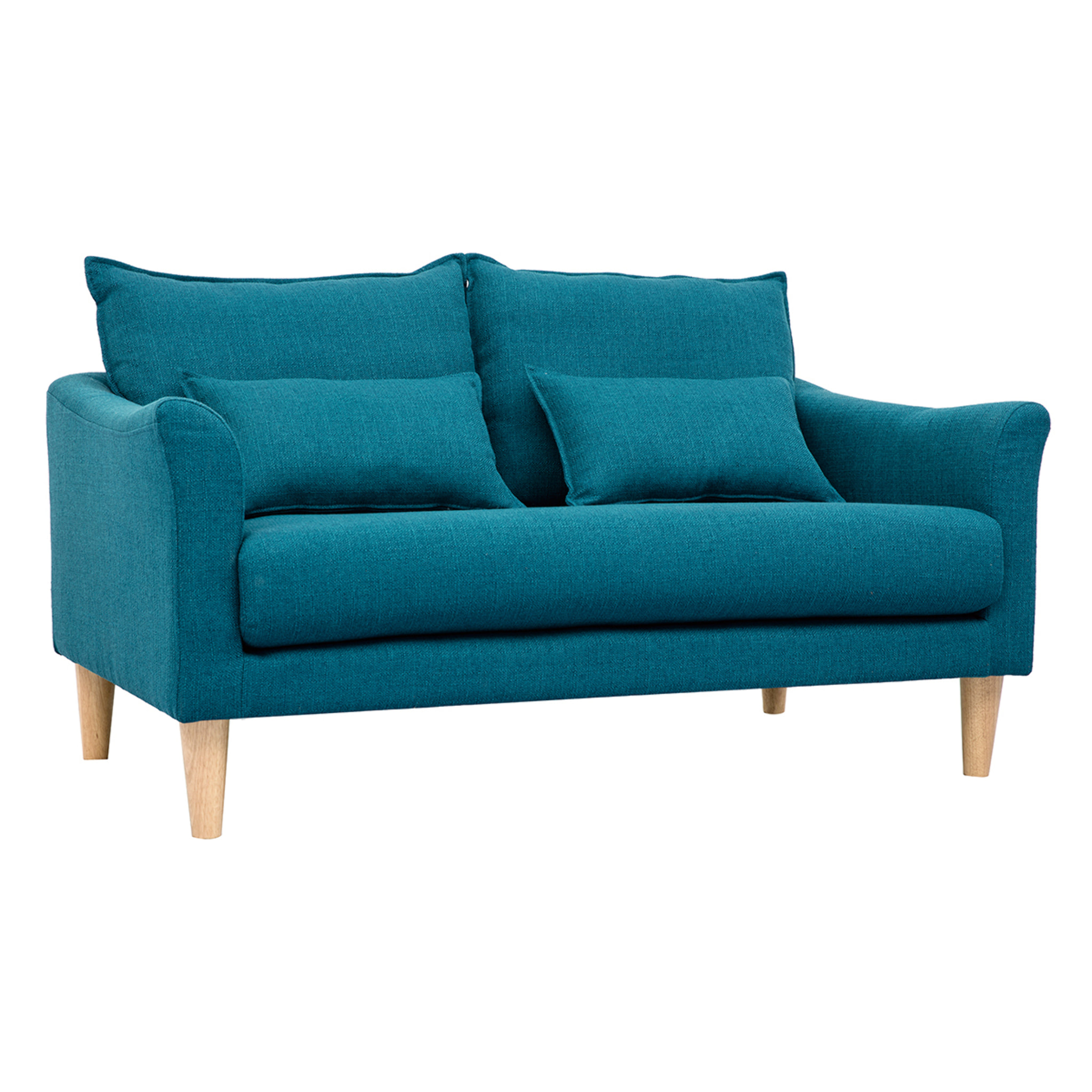 Canapé scandinave 2 places en tissu bleu canard et bois clair KATE