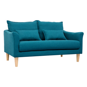 Canapé scandinave 2 places en tissu bleu canard et bois clair KATE