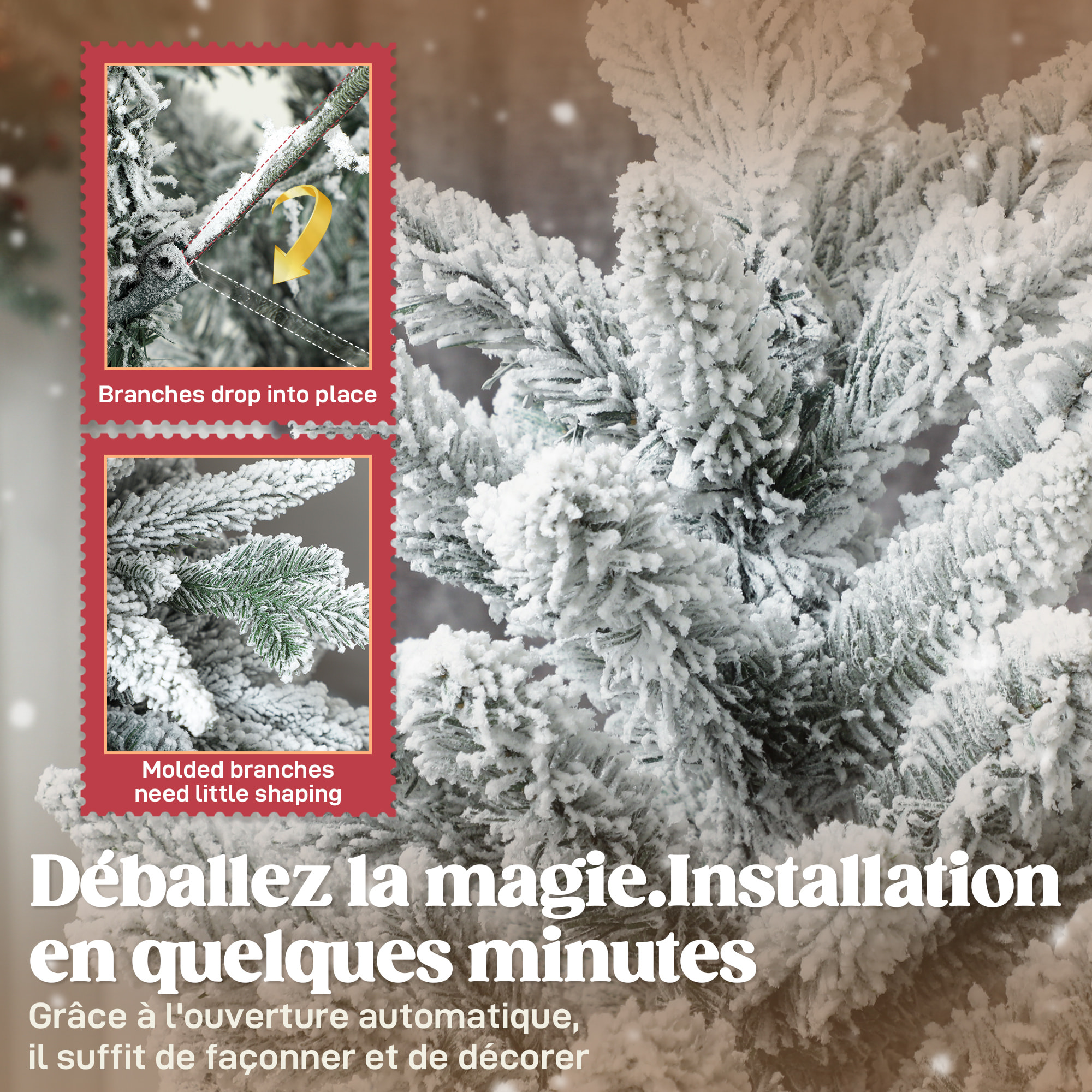 Sapin de Noël artificiel enneigé H.150cm 768 branches grand réalisme support métal pliable vert blanc