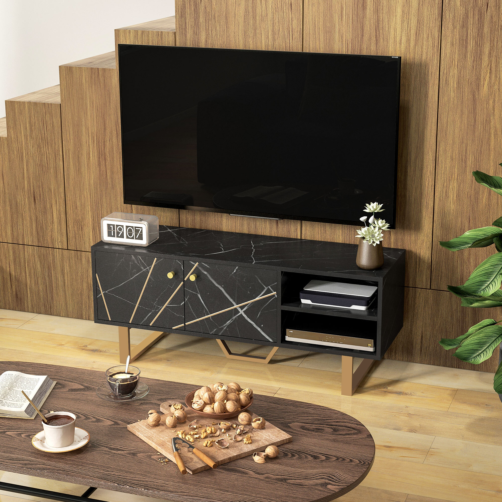 Meuble TV banc TV design - dim. 110L x 35l x 45H cm - métal doré aspect marbre noir