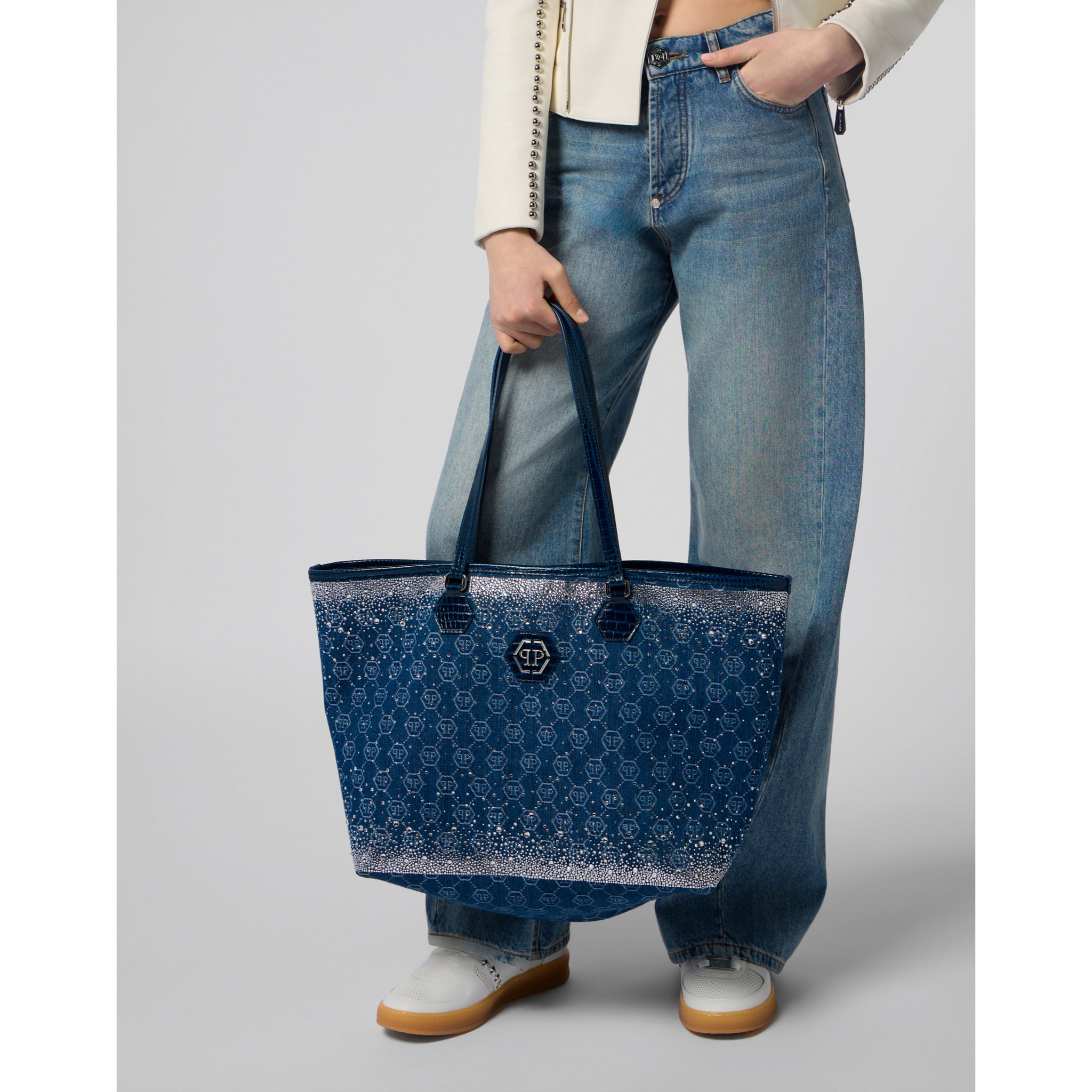 PHILIPP PLEIN Denim Shopper Bag Monogram Strass