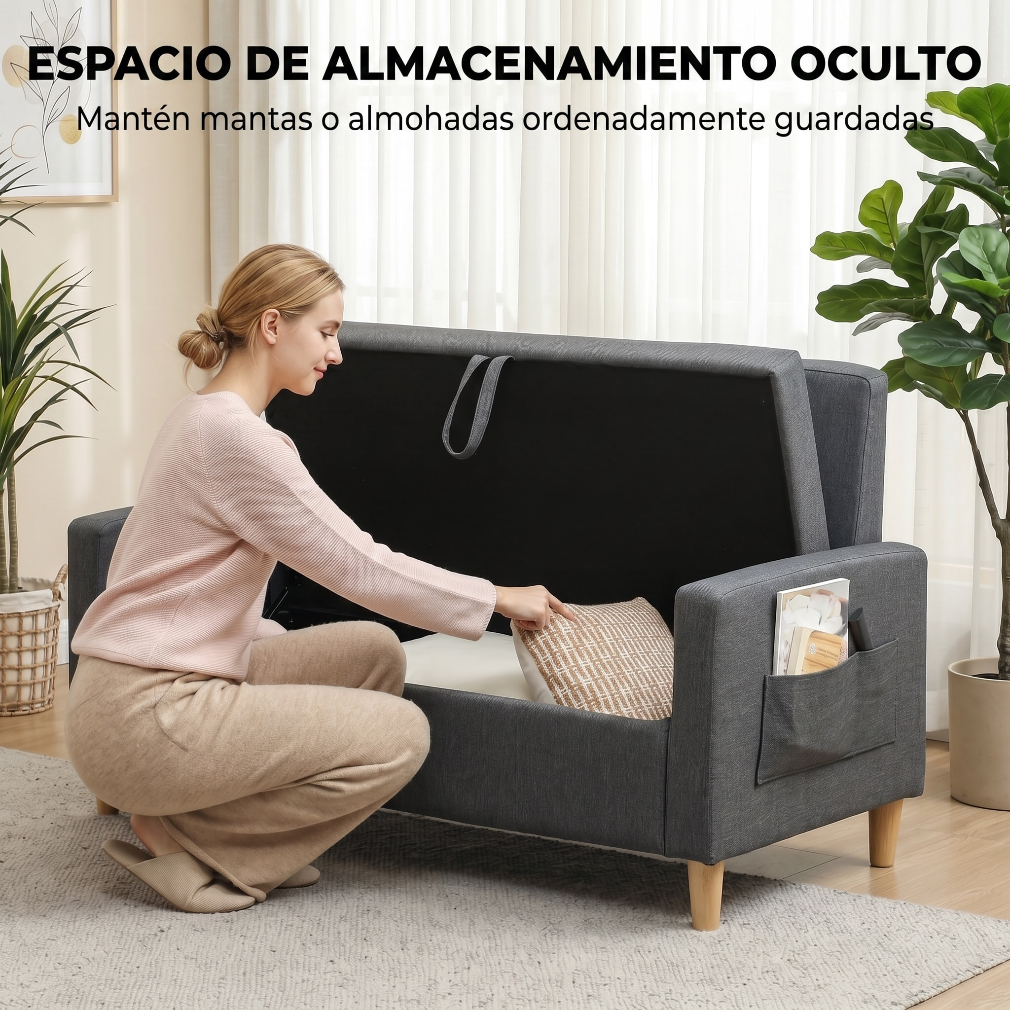 HOMCOM Sofá de 2 Plazas Tapizado en Lino Sintético con Espacio de Almacenamiento, Sofá Moderno con 2 Almohadas, Bolsillo y Patas de Madera, Carga 240 kg para Dormitorio, Salón 135x71x84 cm Gris Oscuro
