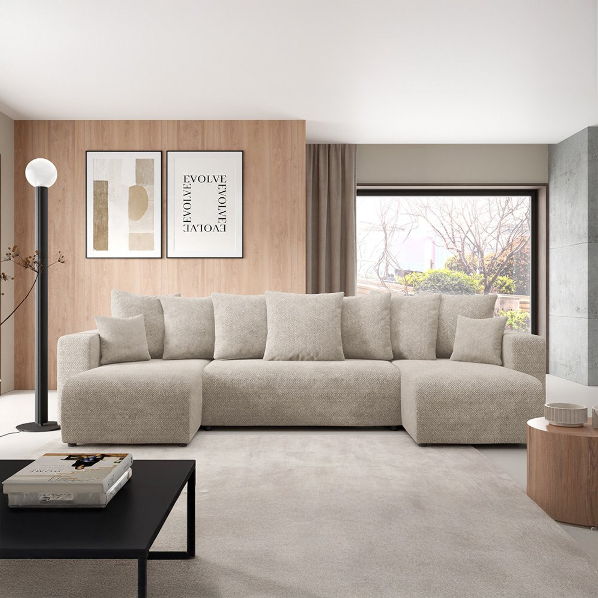 GLORIA - Canapé panoramique 6 places en tissu beige