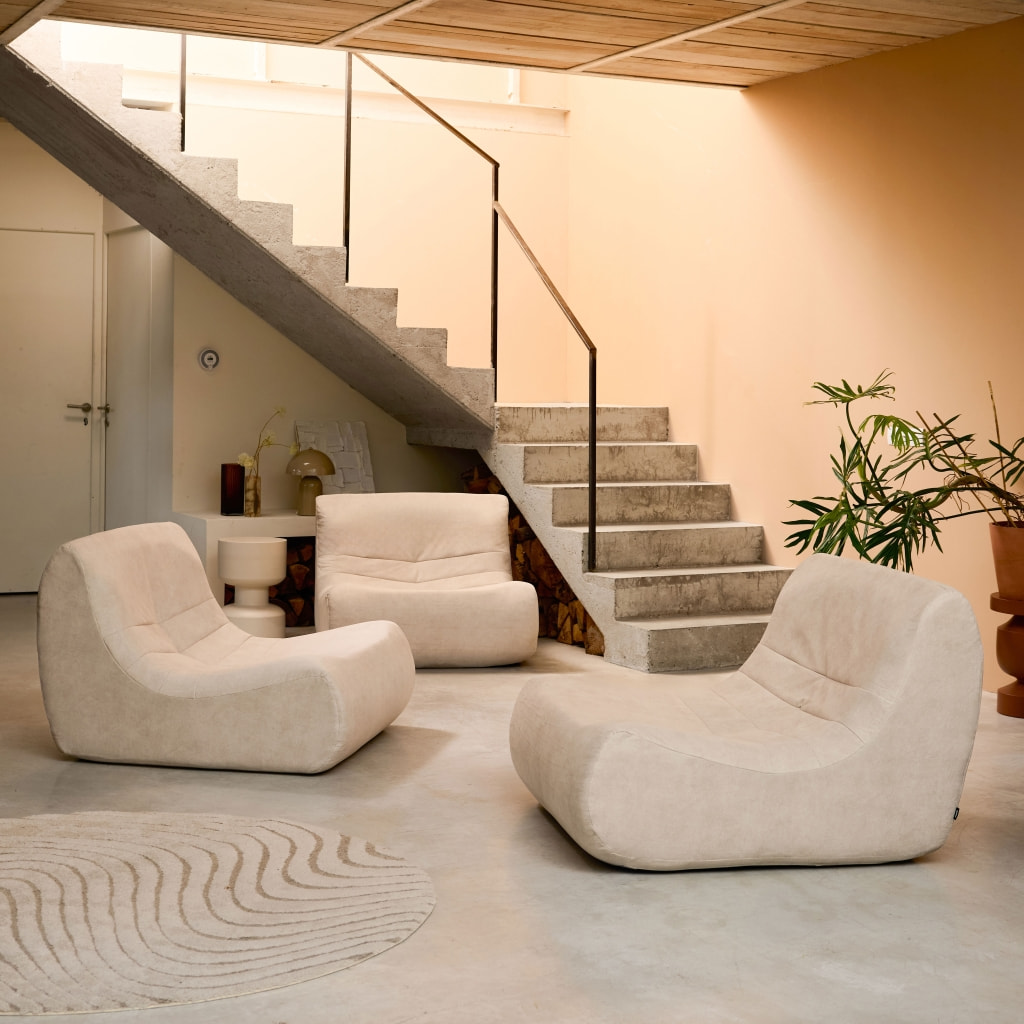 Fauteuil chauffeuse en velours style contemporain 3 places beige