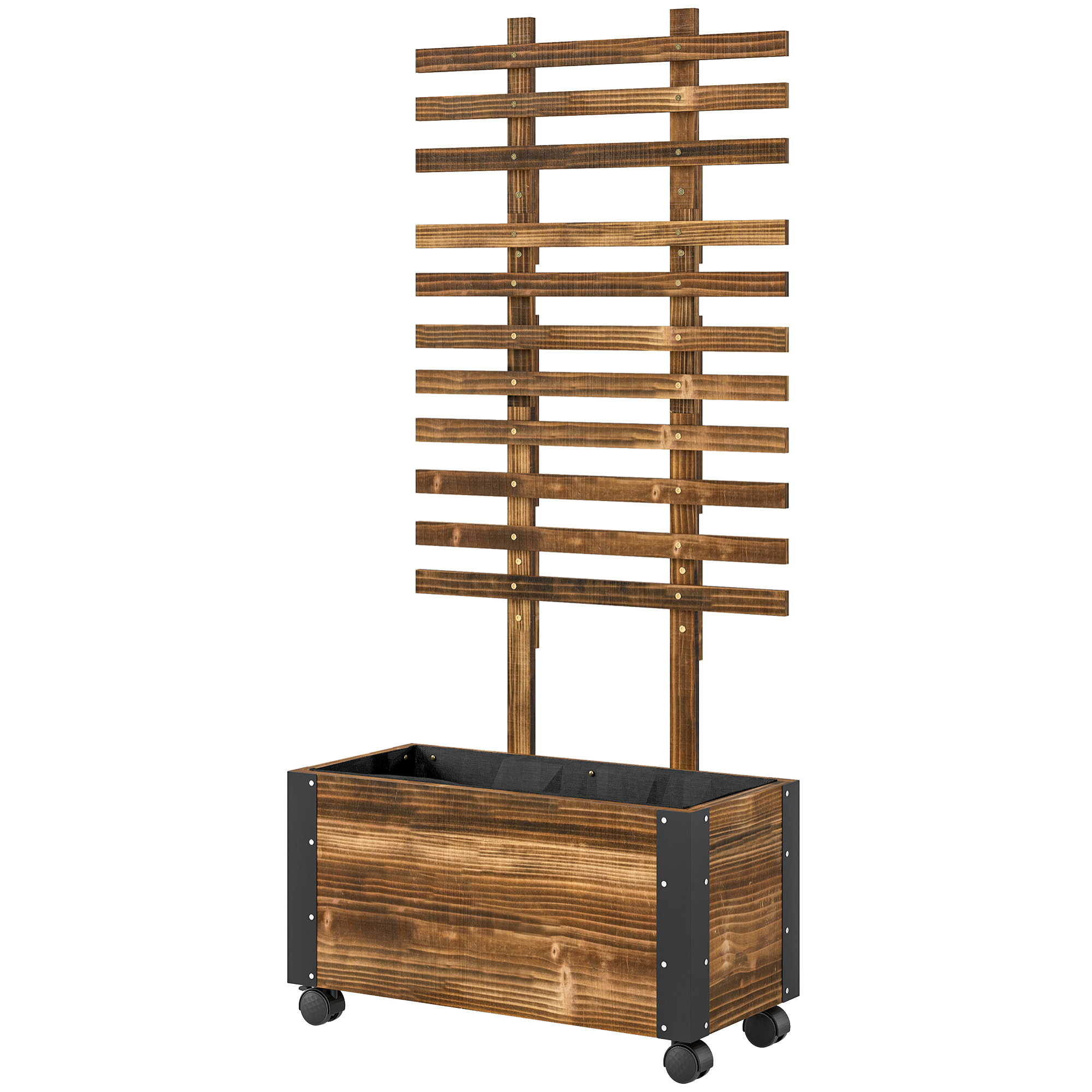 Jardinière avec treillis sur roulettes - inserts d'irrigation, géotextile inclus - métal bois sapin traité carbonisation