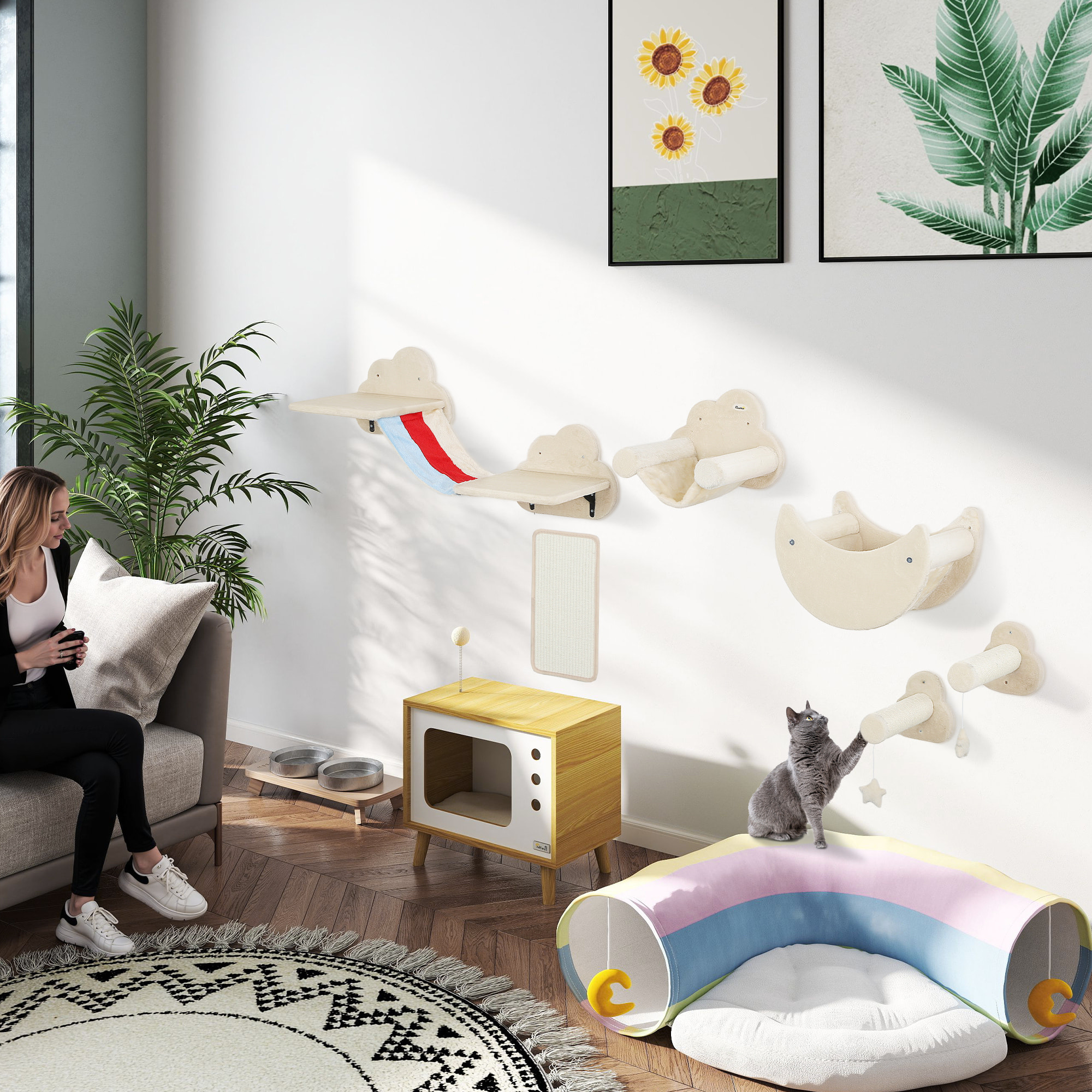 Juego de Pared de Escalada para Gatos de 6 Piezas Tema Cielo Estanterías para Gatos con Hamacas Plataformas Escaleras Tabla Rascador Poste de Sisal Estrellas de Juguete Beige