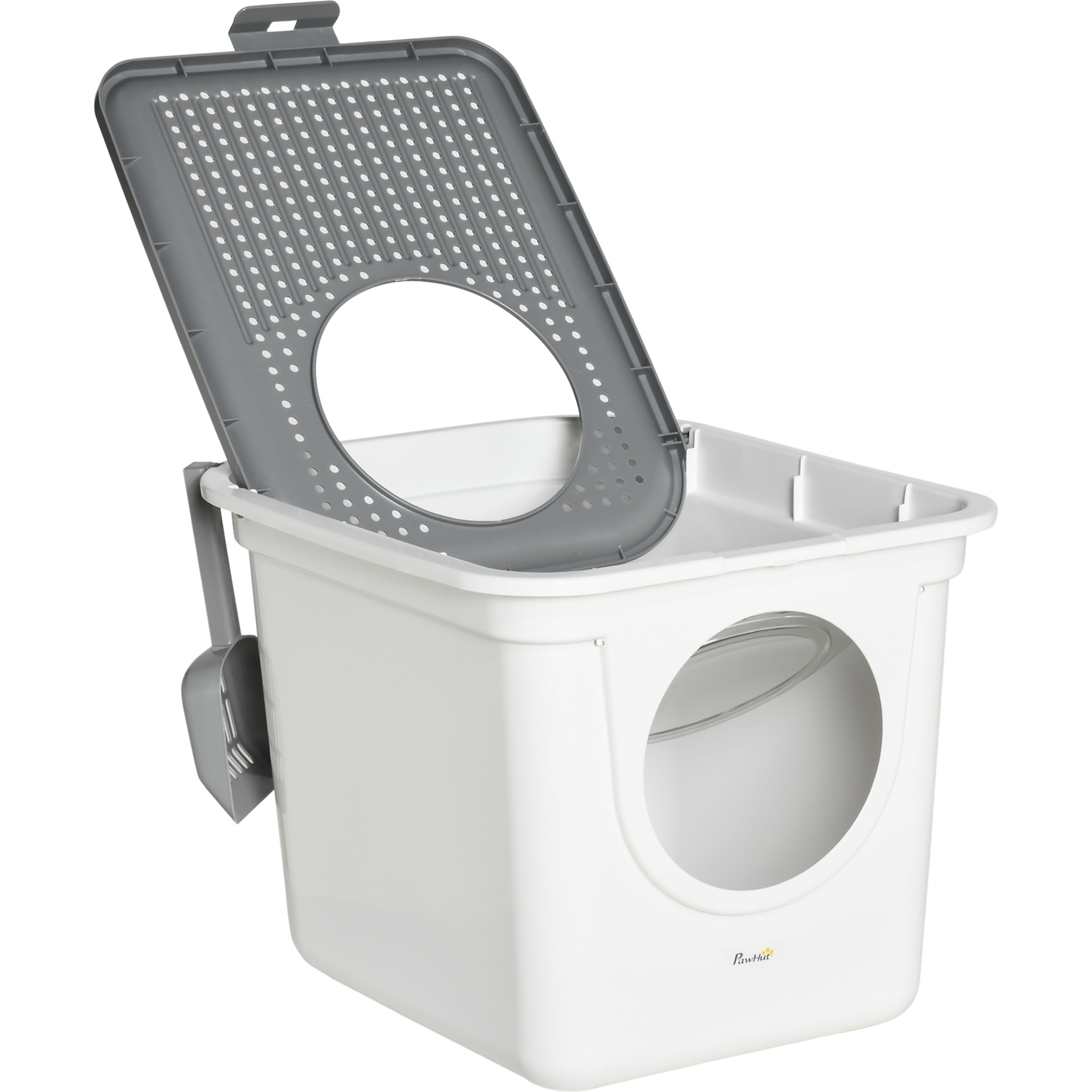 Maison de toilette litière pour chat double porte battante et supérieure - pelle incluse - blanc gris