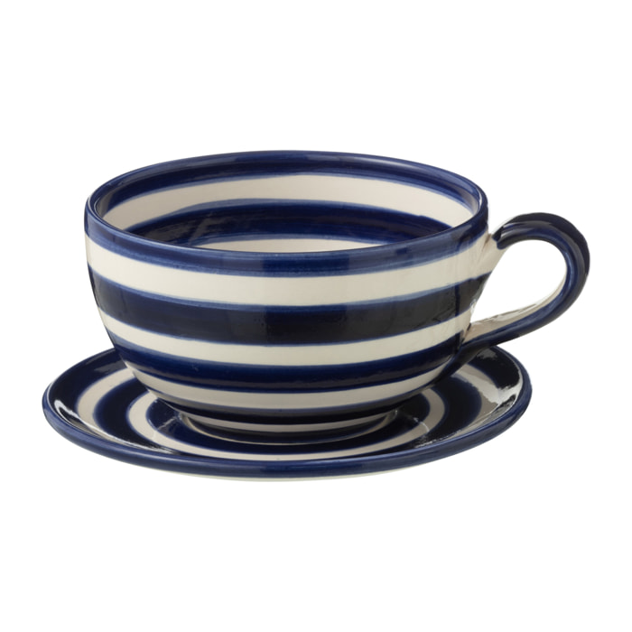 J-Line tasse + sous-tasse Granada Stripes - céramique - blanc/bleu