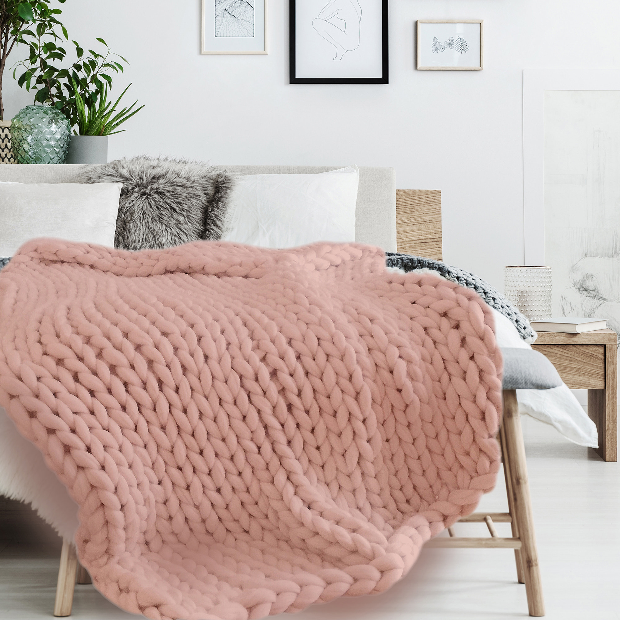 Plaid - HOME DECO FACTORY - Grosse Maille - Chunky - Rose