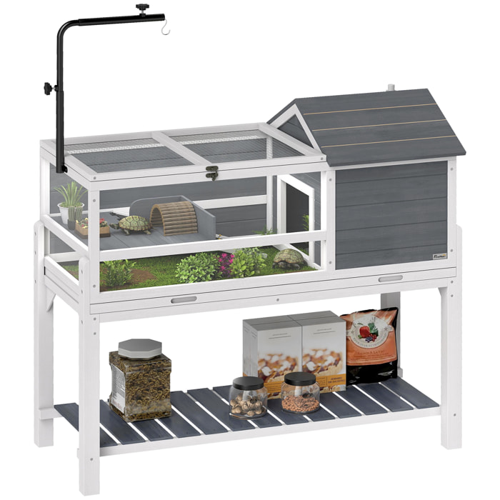 Casa para Tortugas de Madera, Terrario para Reptiles con Soporte para Lámpara Ajustable, Techos Abatibles, Bandeja Extraíble, Estante de Almacenaje y Paneles Transparentes, Caseta para Tortugas