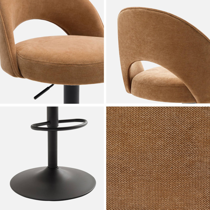 Lot de deux tabourets de bar ajustables métal et tissu camel. pied noir - L 49 x P 49 x H 88.5-110cm - Abby