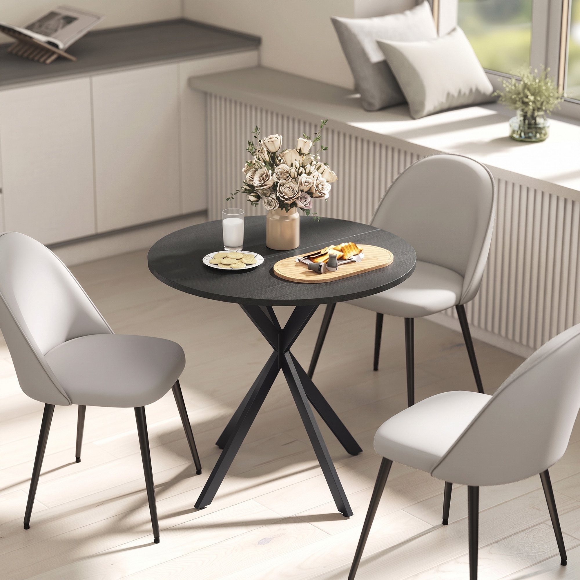 Table ronde style industriel bois métal 2 pers. dia. 80 cm noir