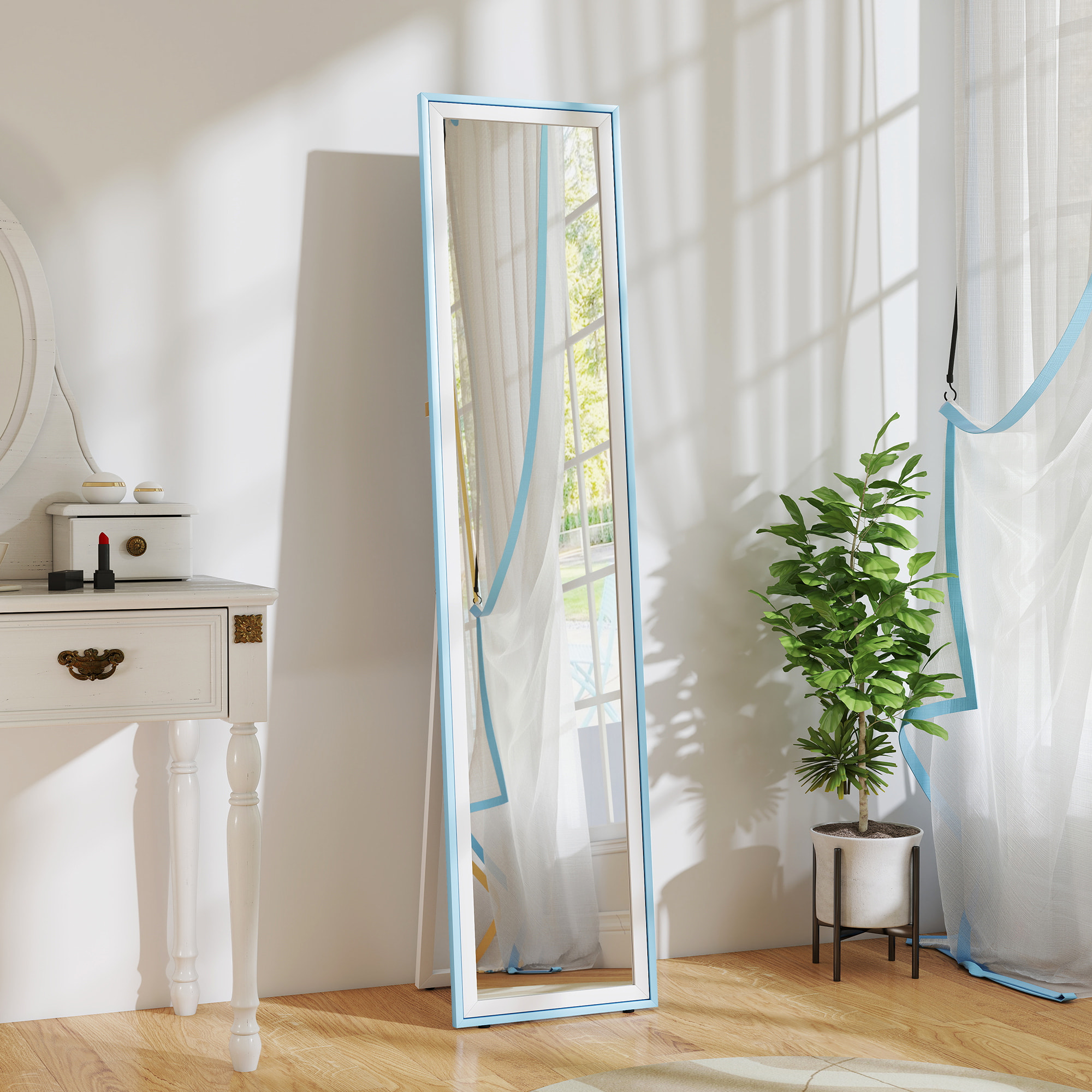 Espejo de Pie Cuerpo Entero 157x37 cm, Espejo Grande de Pared con Marco Bicolor, de Pie, Inclinado o Colgante, para Salón, Dormitorio, Pasillo, Entrada, Blanco y Azul