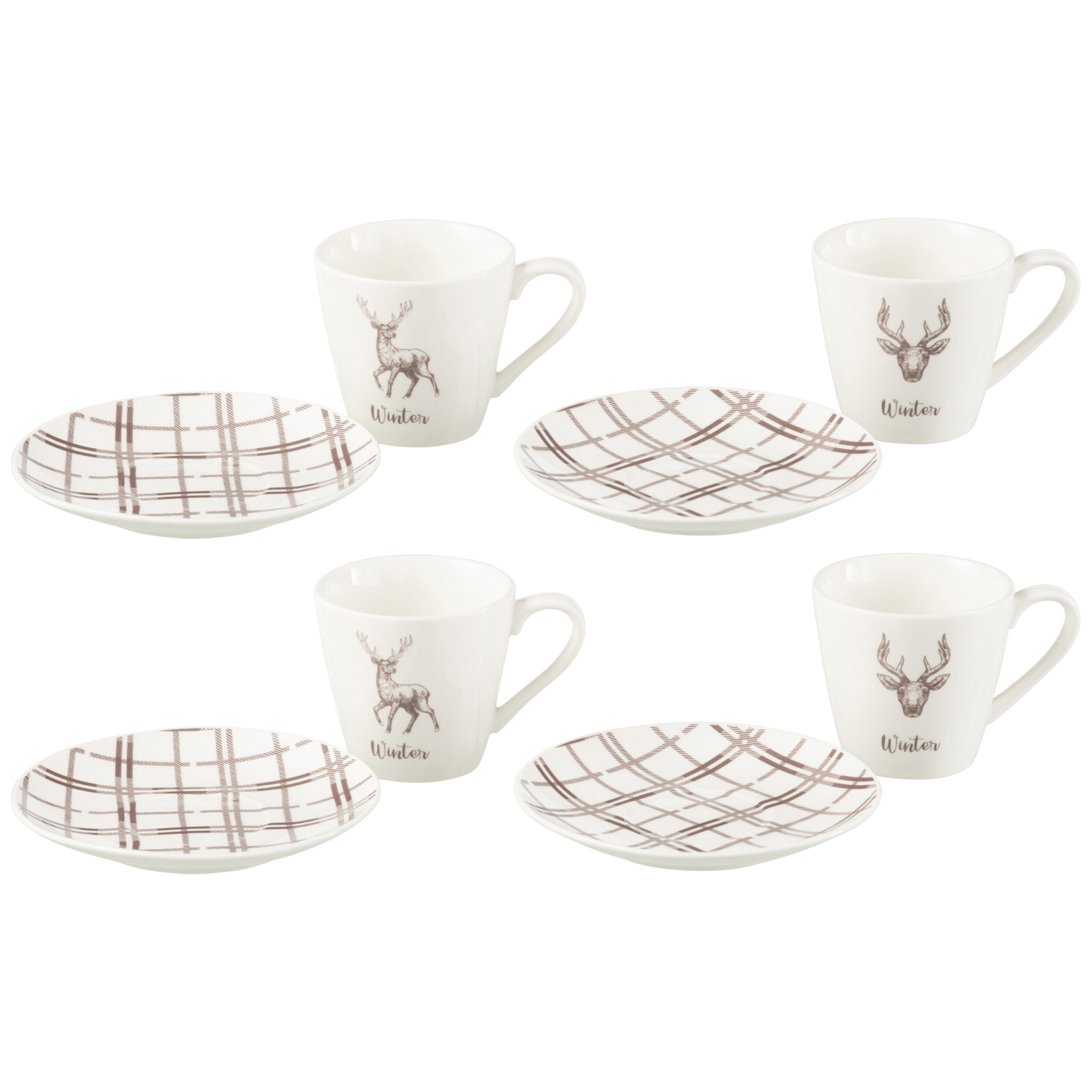 J-Line tasse de thé + sous-tasse Renne - céramique blanc/marron - large - boite de 4 - boite cadeau