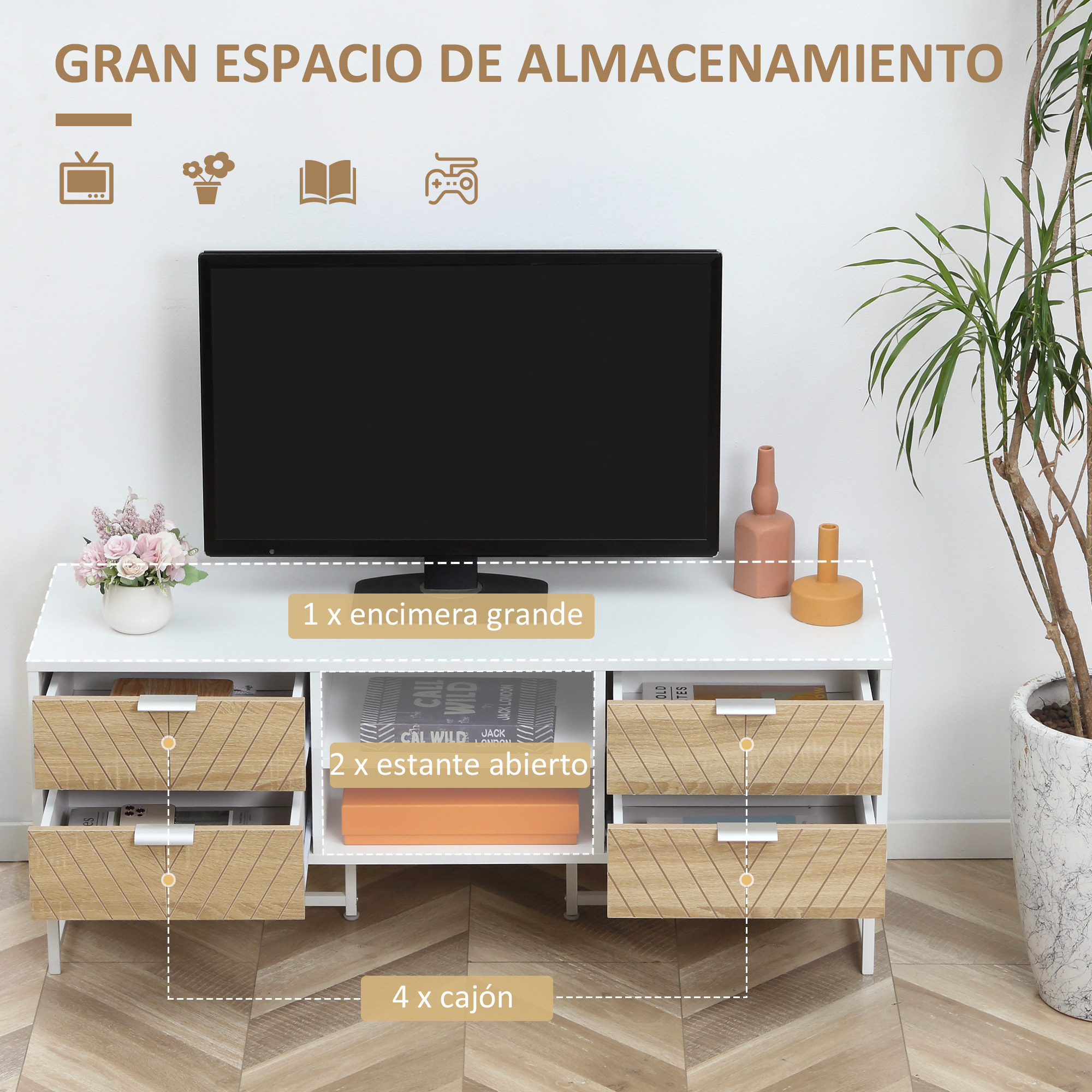 Conjunto para el Hogar Incluye 1 Mueble de TV para Televisores de hasta 47 Pulgadas 1 Mesa de Consola y 1 Mesita Auxiliar con 2 Cajones Blanco y Roble