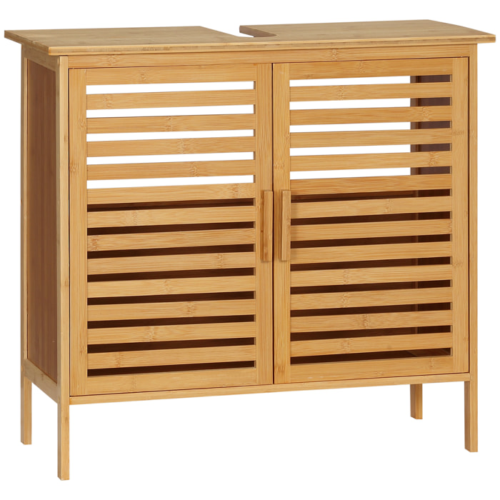 Meuble sous-vasque 2 portes à lattes - dim. 66L x 29l x 61,5H cm - bois de bambou verni