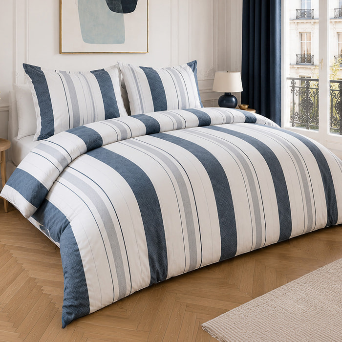 Parure housse de couette 100% percale de coton rayures verticales larges et fines - SIROUND
