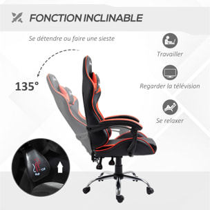 Fauteuil de bureau gamer style baquet racing - pivotant, inclinable - coussins tétière et lombaires inclus - revêtement PU rouge noir